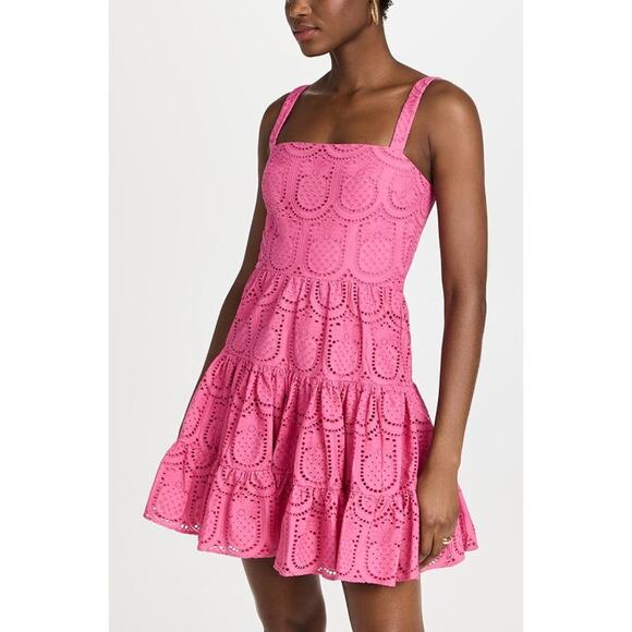 BORGO DE NOR Freddie Mini Dress Pink Eyelet Tiered Fit Flare Sleeveless 4-6 - Picture 3 of 7